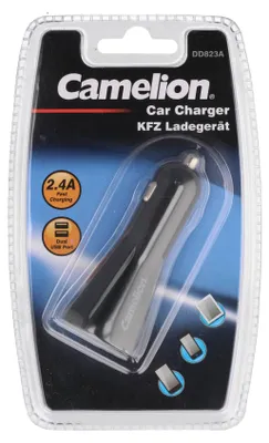 Productafbeelding van 12V en 24V autolader met twee USB-oplaadpoorten, maximaal 2,4A
