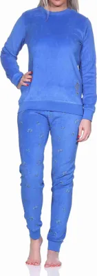 Produktbild von Damen Frottee Schlafanzug langarm Pyjama mit Bündchen - auch in Übergrössen ; blau , 48