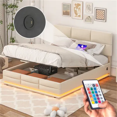 Productafbeelding van AIORBER slaapkamerbed, met USB-oplaadpoort, fluweelstof, LED-verlichting, ruime opbergruimte, tweepersoonsbed, ruimtebesparend, duurzaam design, 140x200 cm, beige