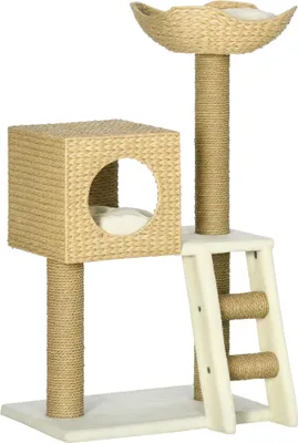 Zdjęcie produktu dla Drapak dla kota PawHut 100,5 cm z legowiskiem, legowiskiem, schodami, drapakiem z sizalu, poduszką, dla kotów do 4,5 kg, naturalny