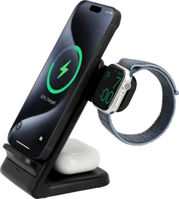 Productafbeelding van Cazy 3-in-1 Draadloze Oplader Stand 15W - Geschikt voor Apple Watch, Airpods en Iphone - Snelladen & USB-C - Oplaadstandaard  - Qi-Gecertificeerde Toestellen - LED Lampje - Zwart