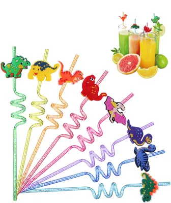 Trinkhalme mit Dinosaurier-Motiv, 8 Stück, bunt, wiederverwendbar