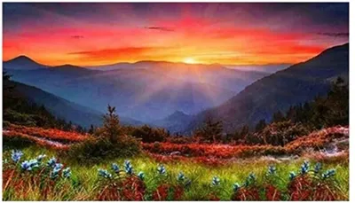 Produktbild von Diamantenmosaik: Sonnenuntergang über einer Bergwiese, 30x40 cm, kreatives Design