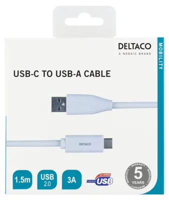 Image de Deltaco USBC-1010M Câble USB 2.0 1,5 m USB A Blanc (USBC-1010M)