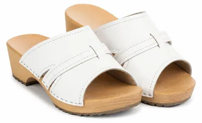Produktbild von Weiße Damen Holzclogs aus Echtleder – Bequeme Clogs mit Holzsohle und Blockabsatz 35