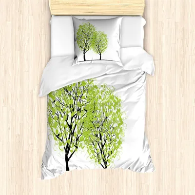 Obrázek produktu pro ABAKUHAUS Strom života Sada povlečení, zelené jarní stromy s ptáky, kteří se těší na teplé roční období, 135 x 200 cm + 80 x 80 cm, zelená, černá, modrá