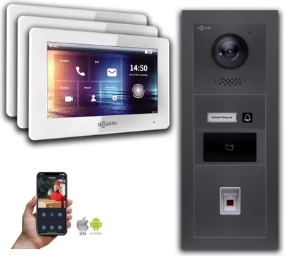 Produktbild von Türsprechanlage mit Kamera Goliath IP 2-Draht 3-Monitor Fingerprint RFID Anthrazit : Aufputzdose : 7 Zoll in Weiß Türklingel Montagedose: Aufputzdose Monitor Auswahl: 7 Zoll in Weiß