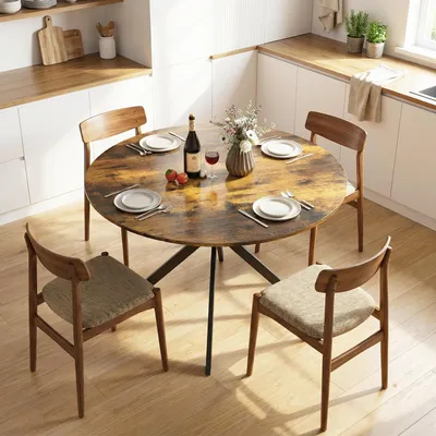 Produktbild von Runder Esstisch Industrial, Küchentisch rund, Spanplatte Stahlbeine, Rustikal-Braun | Ø 120 x 75 cm | für 4 Personen | Industriestil