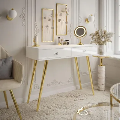 Produktbild von Konsolentisch SIENNA GOLD mit Schubladen auf goldenen Beinen, Gold Chrom / Weiß Hochglanz, Griff- weißes Kristall