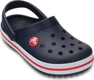A single navy blue Crocband clog with white and red trim, shown from a diagonal front-side angle on a white background.