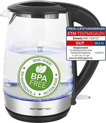 Produktbild von Emerio WK-123124/123131/123132.1 Schnurloser Wasserkocher, Glasgehäuse, 1,7 l FÃ1/4llmenge, 2200 Watt, 360° Sockel, Trockengehschutz, Kalkfilter, Abschaltautomatik