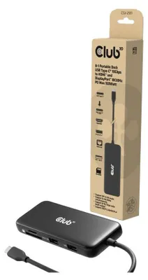 Produktbild von CLUB3D 8-1 Portable Dock USB Type-C® 10Gbps to HDMI™ and DisplayPort™ 8K30Hz PD Max.100Watt, Kabelgebunden, USB Typ-C, 100 W, 1.4/2.2, 10,100,1000 Mbit/s, Schwarz