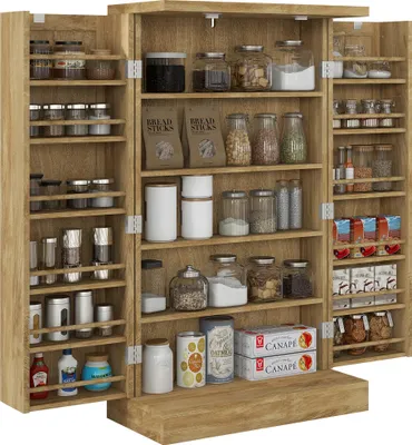 Image de HOMCOM Buffet cuisine, meuble cuisine rangement, vaisselier moderne avec 12 étagères à portes, étagères réglables et double porte en rotin, pour salle à manger, salon, 60x30x104cm, effet bois naturel