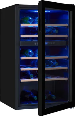 A black wine cooler with its door ajar, revealing wooden shelves and bottles illuminated by blue LED lights.