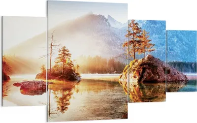 Produktbild von Bild auf Leinwand - Leinwandbild - 4 Teile - Morgendämmerung Berge See - 160x90cm - Wand Bild - Wanddeko - Wandbilder - Leinwanddruck - Bilder - Wanddekoration - Leinwand bilder - DL160x90-4617