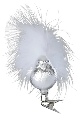 Produktbild von Christbaumschmuck Glas Spatz Vogel mit Federn auf Clip 5cm Silber