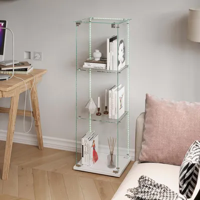 Produktbild von ProximaX Glasvitrine mit LED-Beleuchtung, 3 Glasböden, Sicherheitsglas, weißer Sockel, Standvitrine