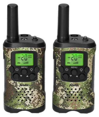 Two Alecto walkie-talkies with a camouflage pattern are shown side-by-side against a white background.
