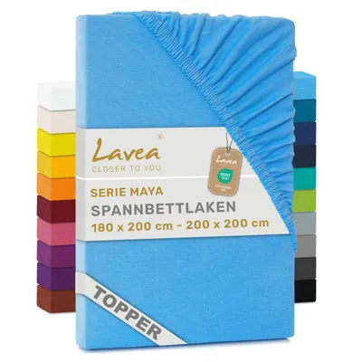 Produktbild von Lavea® Topper Spannbettlaken 180x200 cm - 200x200 cm, Maya 100% Jersey Baumwolle – Weiches Spannbetttuch Topper bis 10 cm- Himmelblau