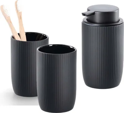 Produktbild von 3-teiliges Badezimmer-Set Keramik schwarz, Badzubehör-Set besteht aus: Seifenspender & 2x Zahnputzbecher, moderne Badausstattung von Zeller