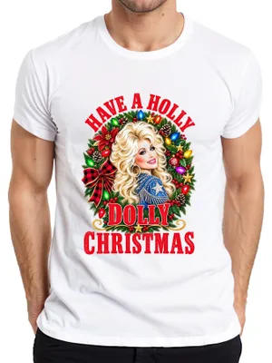 Imagen del producto de Camiseta blanca para hombre, estilo country, con el diseño "Have A Holly Dolly Christmas" y la imagen de Dolly Parton, talla S