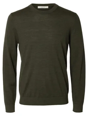 Obrázek produktu pro Pánský svetr Selected Homme, model Slhtray, pletený z merino vlny, s kulatým výstřihem, barva: Forest Night (lesní noc)
