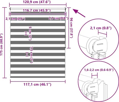Productafbeelding van vidaXL Zebra-rolgordijn, 120,9 x 175 cm, stofbreedte 116,7 cm, grijs