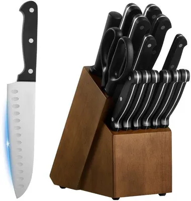 Produktbild von Küchenmesser-Set mit Holzblock und Schleifstelle, rohstoffbeständige Stahlmesser mit hohem Kohlenstoffgehalt, ergonomische ABS-Griffen, inklusive Schleifstange, ideal für Hauszwecken