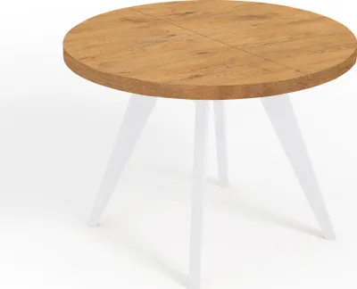 A round dining table with a wood-effect top and white legs, shown against a white background.