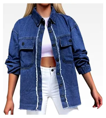 Produktbild von Damen Jeansjacke Oversize Langarm Ripped mit Tasche Denim Jacke Lang Button Down Hemdjacke Wasserdicht Übergangsjacke Truckerjacke mit Taschen