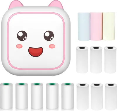 Zdjęcie produktu dla Mini drukarka termiczna, wielofunkcyjna mini drukarka, przenośna, drukarka do natychmiastowego drukowania zdjęć, Bluetooth do smartfonów, z 9 rolkami papieru 57 mm + 5 rolkami papieru samoprzylepnego, kompatybilna z systemami iOS i Android, kolor różowy