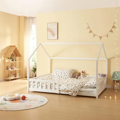 Image de Lit pour enfant 120x200 cm, en pin, design épuré, avec barrière de sécurité, en blanc