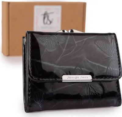Produktbild von Jennifer Jones Damen-Geldbörse echtes Leder Schmetterlingsprägung Schnappverschluss mit Geschenkbox klein Schwarz