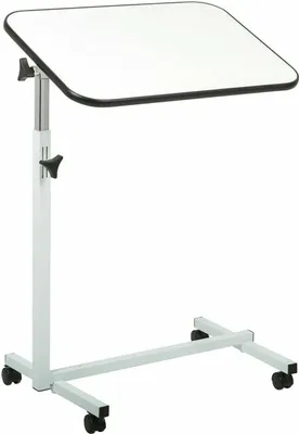 A white adjustable bedside table with a rolling base.