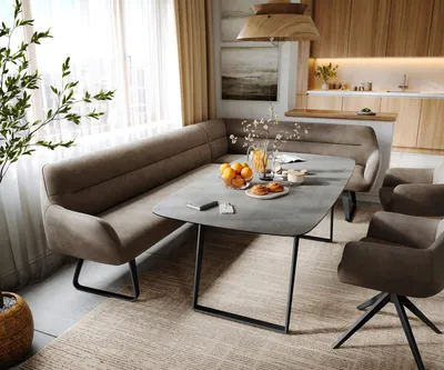 Produktbild von DELIFE Esszimmerbank Taya-Flex 285x190 cm Mikrofaser Taupe Vintage Kufengestell flach Schwarz Taschenfederkern Links