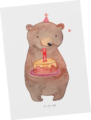 Produktbild von Mr. & Mrs. Panda Postkarte Bär Torte 1. Geburtstag - Weiß - Geschenk, Fotokarte, einzelkarte, Kuchen, Grußkarte, Ansichtskarten, Happy Birthday, Geburtstagsfeier