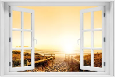 Produktbild von Wallario Wandbild mit Fenster-Illusion: Strand in Südafrika II - Himmel in orange, Größe: 61 x 91,5 cm, Poster mit weißem Aluminiumrahmen