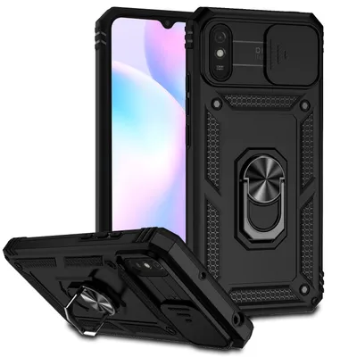 Immagine prodotto di Custodia per Xiaomi Redmi 9A a doppio strato con copertura scorrevole della fotocamera e supporto ad anello nero