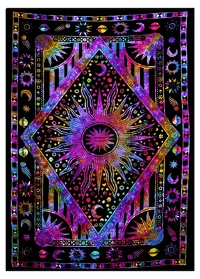 Produktbild von Wandteppich, Wandbehang, Hippie, Sonne, Mond, Bohemian, psychedelisches Design, indische Wandteppiche, Tagesdecke, 140 x 210 cm, mehrfarbig