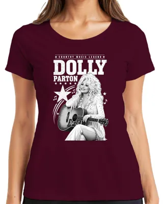 Immagine prodotto di Maglietta da donna, stile western, con la scritta "Dolly Parton, leggenda della musica country", decorata con un'immagine di una chitarra. Colore: bordeaux. Taglia: M