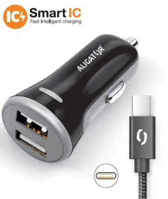 Image de ALIGATOR Smart Car Charger 3.4A, 2xUSB, smart IC, noir, câble USB-C