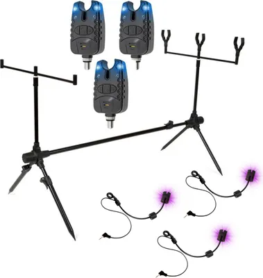 Produktbild von Eurocatch  Base Rodpod - Set - Inkl. 3 Bissanzeiger - 3 Swinger - Schwarz - Blaue LEDs - Karpfenangeln