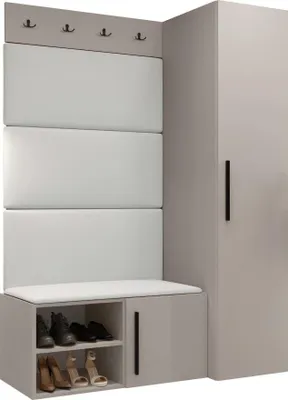 Produktbild von MIRJAN24 Garderoben-Set Medi II, Schuhschrank, Kleiderhakenbrett, 4x Paneel 84x42, 4 Kleiderhaken (Farbe: Cashmere, Soft 017)