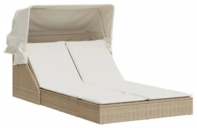 Image de vidaXL Bain de soleil double avec toit et coussins Beige Poly Rattan