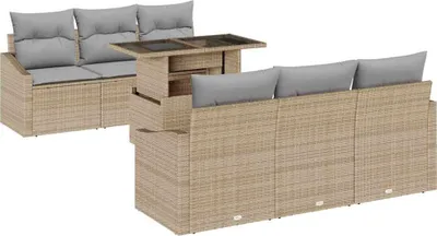 Immagine prodotto di Set divano da giardino vidaXL con cuscini, 7 pezzi, beige e grigio chiaro, in polyrattan