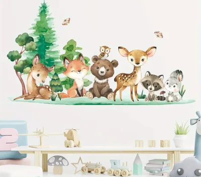 Produktbild von Wandsticker Kinder Tier Wandaufkleber Dekoration,Wandtattoo mit Waldtieren für Kinderzimmer, Braunbär Hirsch Hase Tier mit Baum, Wandaufkleber