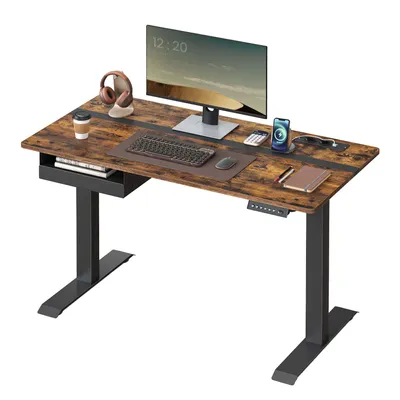Produktbild von VASAGLE Höhenverstellbarer Schreibtisch elektrisch, mit Steckdose und Schublade, 60 x 120 cm Memory-Funktion, vintagebraun-schwarz