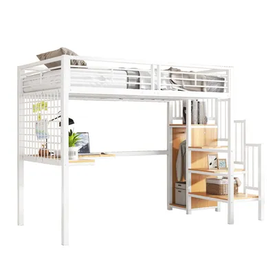 Produktbild von Hochbett mit Schreibtisch, Kleiderschrank, Lattenrost und Rausfallschutz (90x200 cm) Metallbett, Jugendbett