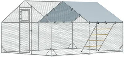 Zdjęcie produktu dla Wybieg dla kurczaków na wolnym wybiegu wykonany ze stali, klatka dla kurczaków 300 x 400 x 195 cm z pokrywą odporną na promieniowanie UV, drzwiczki do karmienia, podajnik wiszący, grzęda, wybieg dla 12-18 kurczaków, małe zwierzęta, srebrny