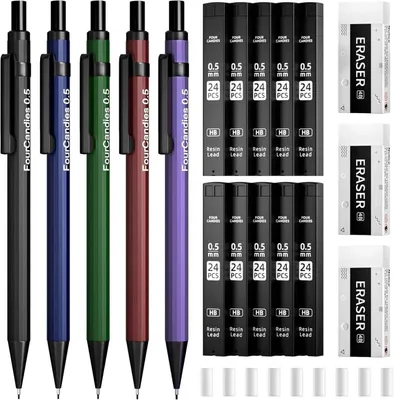 Produktbild von 5er Set Druckbleistifte 0,5mm Metall Minenbleistift Vintage Design HB Mine & Radierer